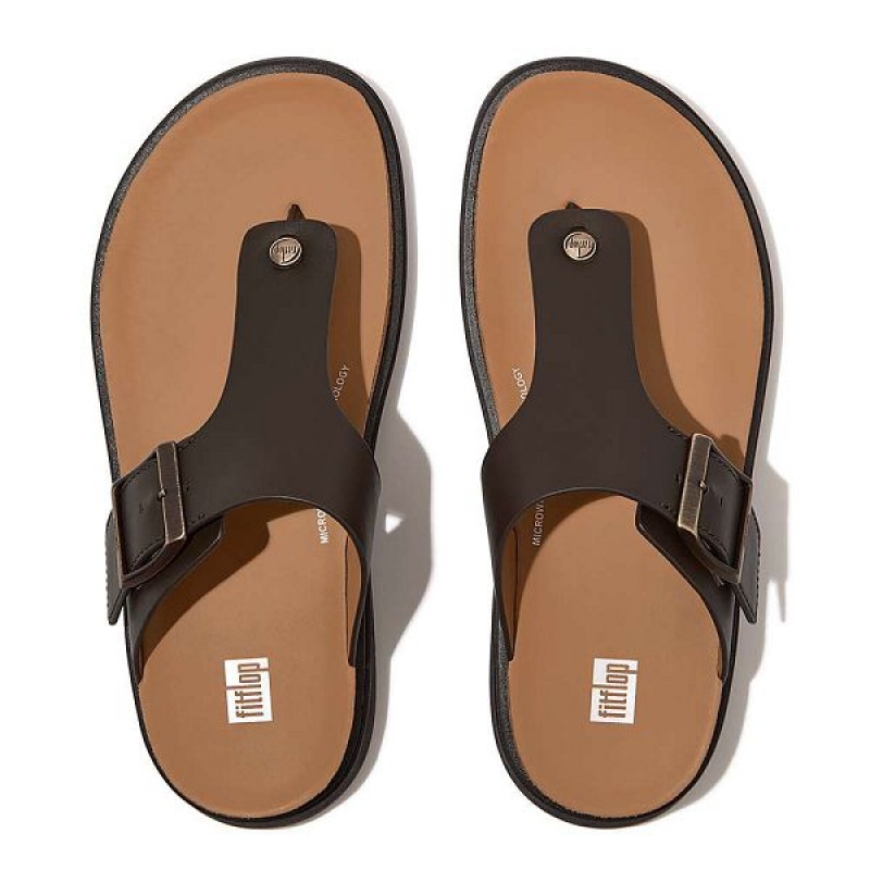 Brown Men's FitFlop Gen-Ff Buckle Leather Toe-Post Sandals | 675JOQPTN