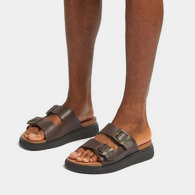 Brown Men's FitFlop Gen-Ff Buckle Two Bar Leather Slides | 753BIESRV