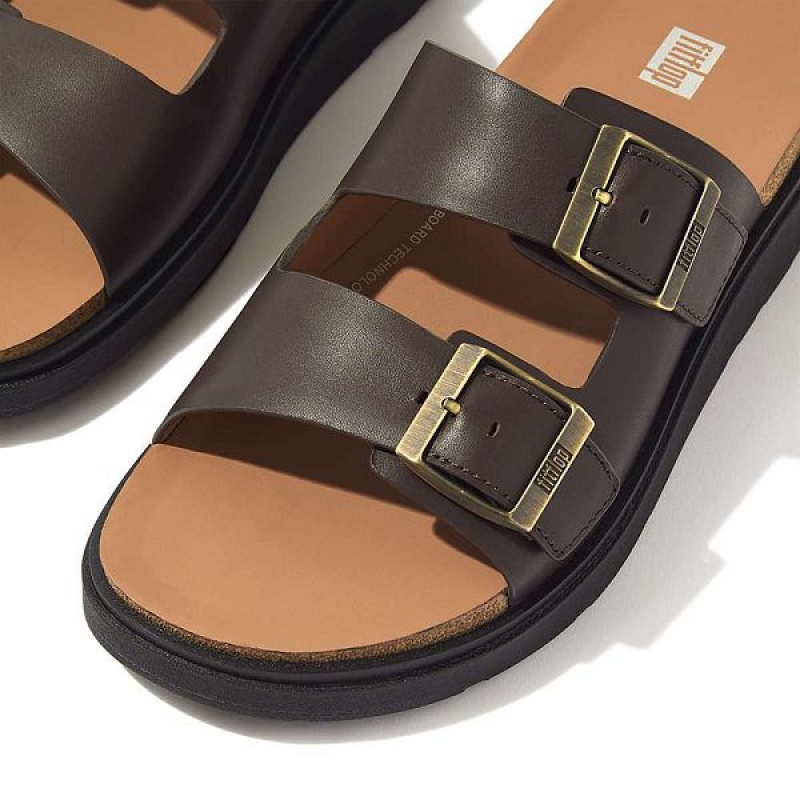 Brown Men's FitFlop Gen-Ff Buckle Two Bar Leather Slides | 753BIESRV