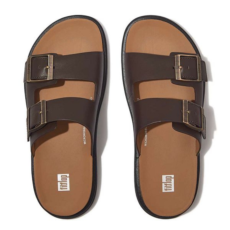 Brown Men's FitFlop Gen-Ff Buckle Two Bar Leather Slides | 753BIESRV