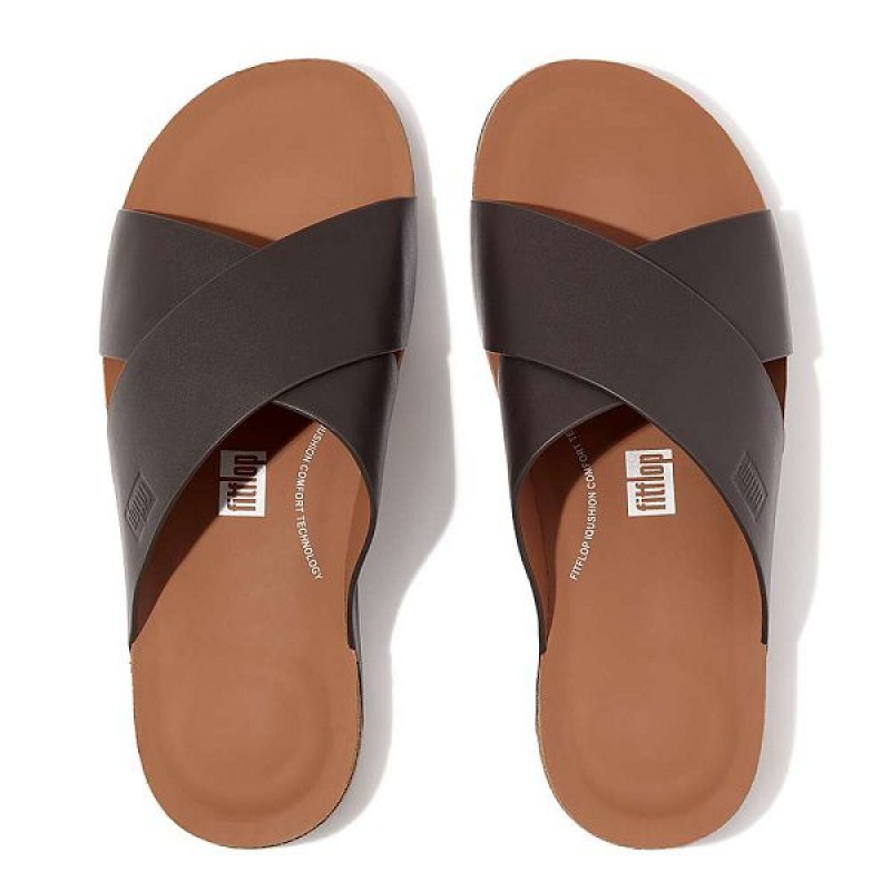 Brown Men's FitFlop Iqushion Leather Cross Slides | 831DCSHPM