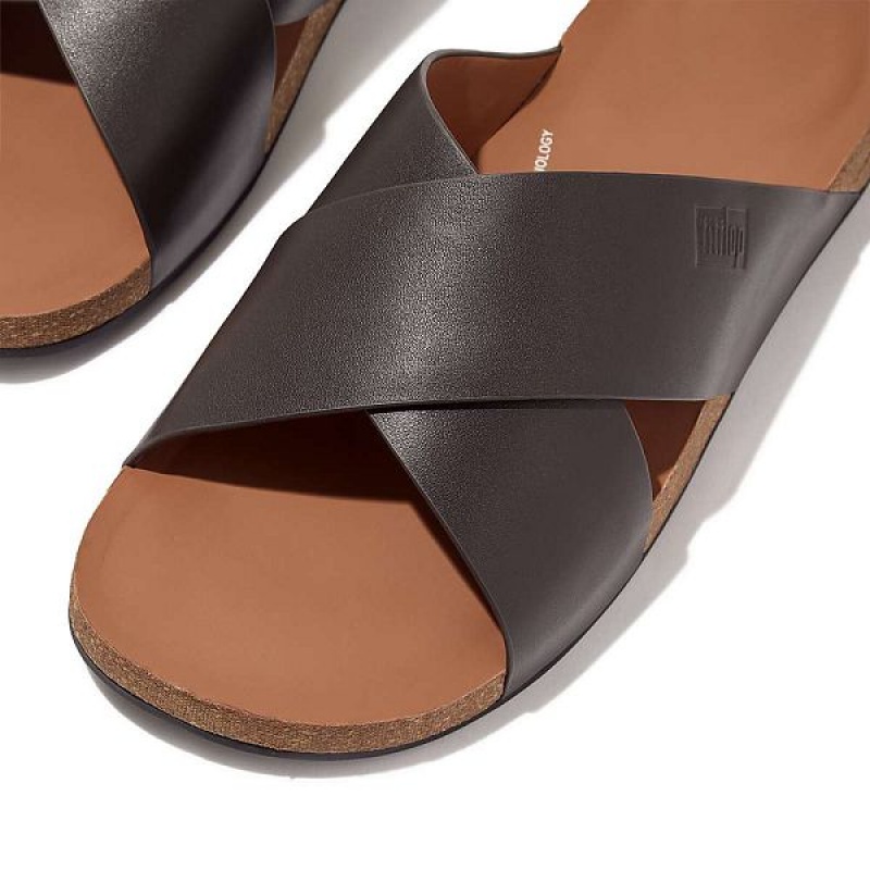 Brown Men's FitFlop Iqushion Leather Cross Slides | 831DCSHPM