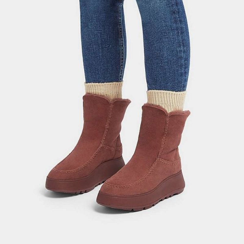 Brown Women's FitFlop F-Mode Double Faced Shearling Flatform Boots | 896OULPDX