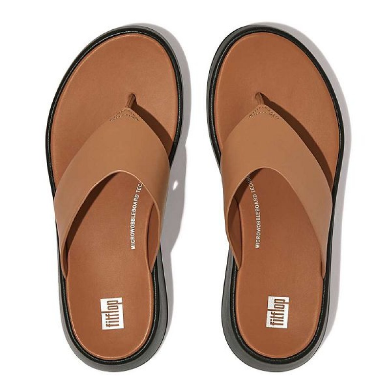 Brown Women's FitFlop F-Mode Luxe Leather Flatform Toe-Post Sandals | 498JTFLOU