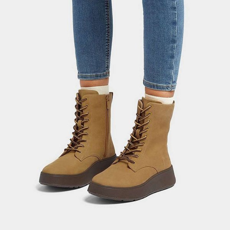 Brown Women's FitFlop F-Mode Nubuck Lace Up Flatform Ankle Boots | 265JMZLGN