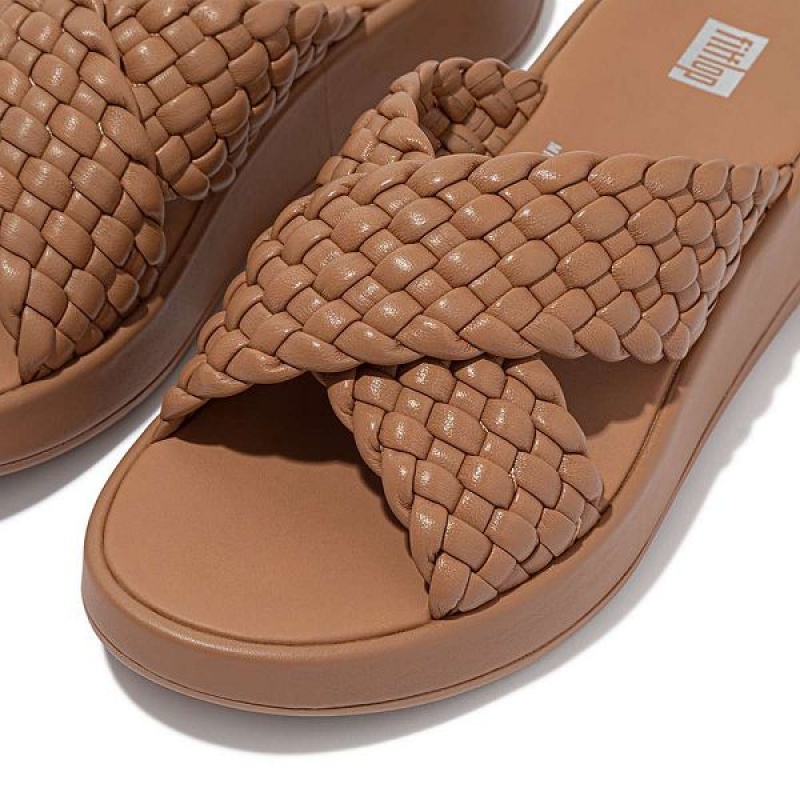 Brown Women's FitFlop F-Mode Woven Leather Flatform Cross Slides | 175FCKHMJ