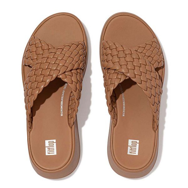 Brown Women's FitFlop F-Mode Woven Leather Flatform Cross Slides | 175FCKHMJ