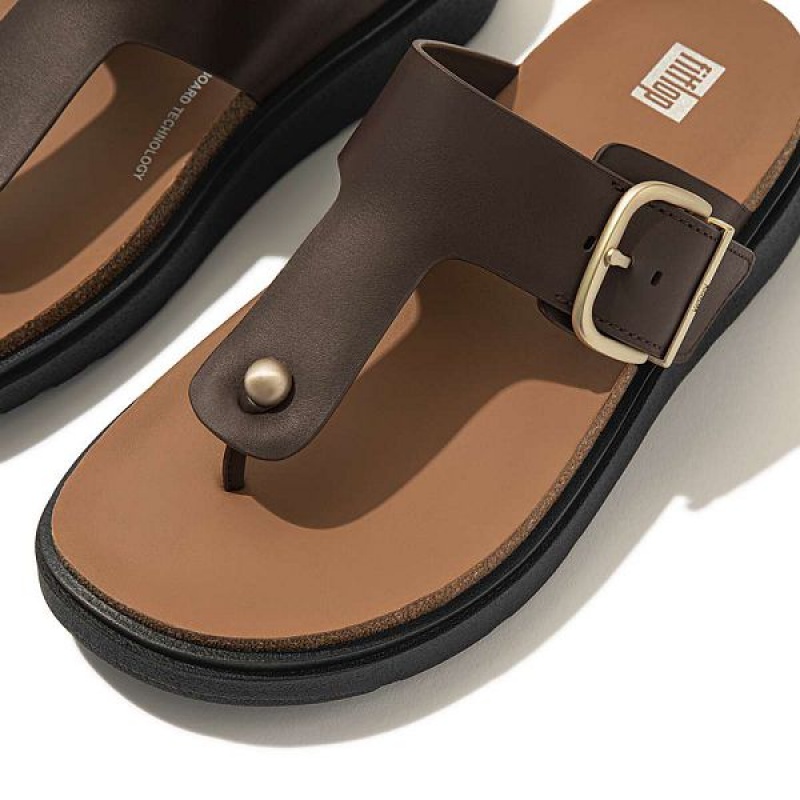 Brown Women's FitFlop Gen-Ff Buckle Leather Toe-Post Sandals | 820JDRALN