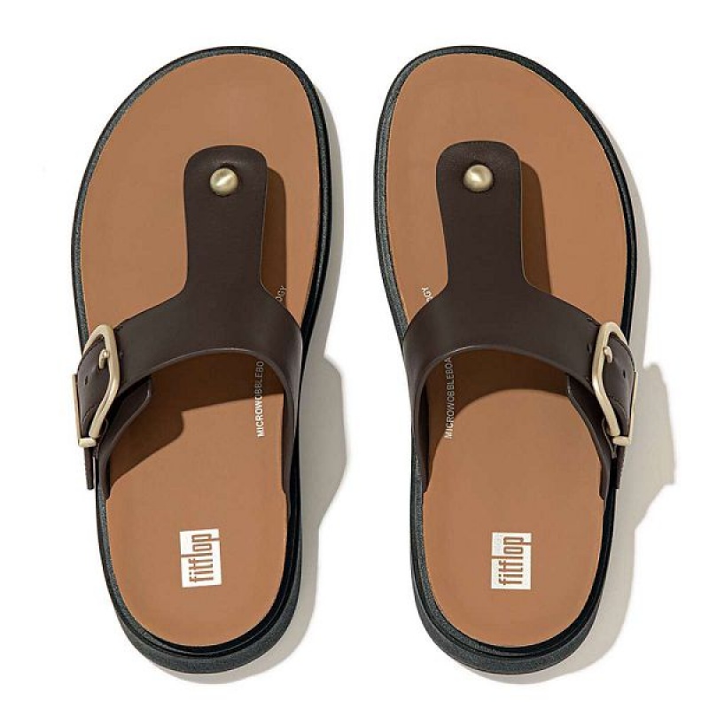 Brown Women's FitFlop Gen-Ff Buckle Leather Toe-Post Sandals | 820JDRALN