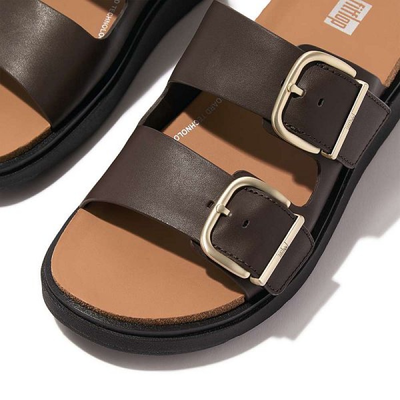 Brown Women's FitFlop Gen-Ff Buckle Two Bar Leather Slides | 426GSFNXU