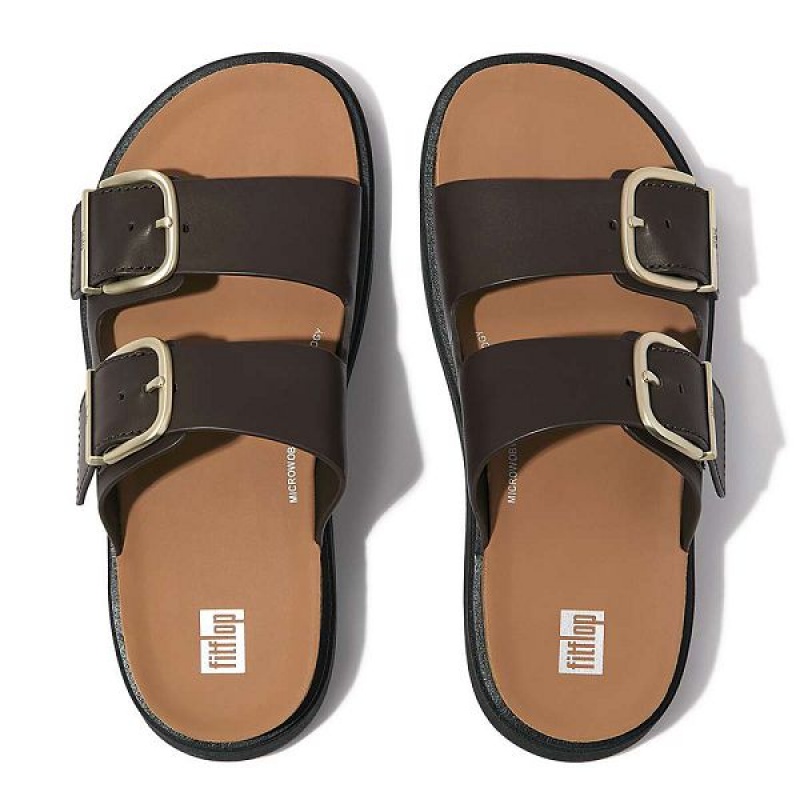 Brown Women's FitFlop Gen-Ff Buckle Two Bar Leather Slides | 426GSFNXU