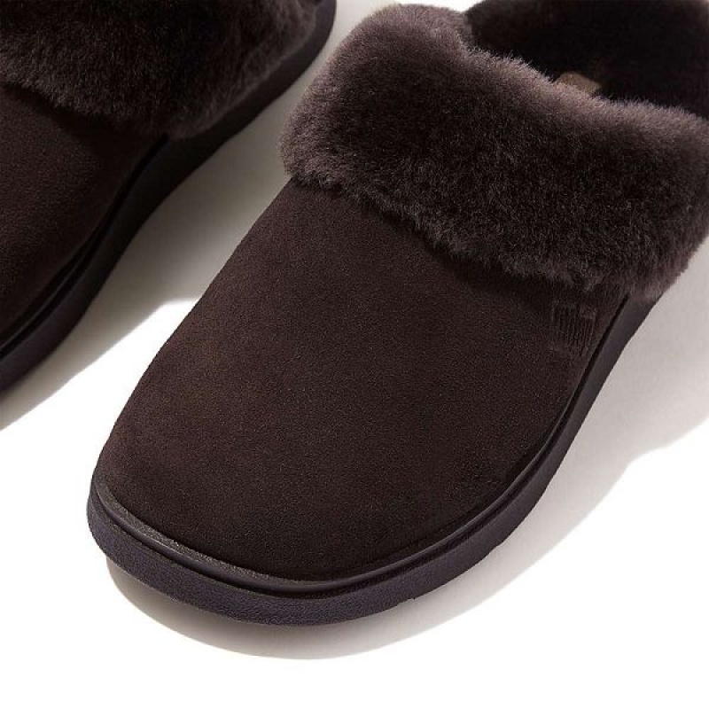 Brown Women's FitFlop Gen-Ff Shearling Collar Suede Slippers | 123BYUDWG