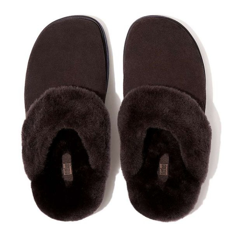 Brown Women's FitFlop Gen-Ff Shearling Collar Suede Slippers | 123BYUDWG