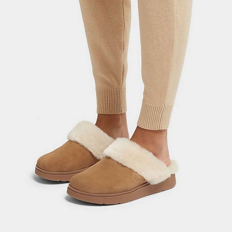 Brown Women's FitFlop Gen-Ff Shearling Collar Suede Slippers | 061ZTICJV