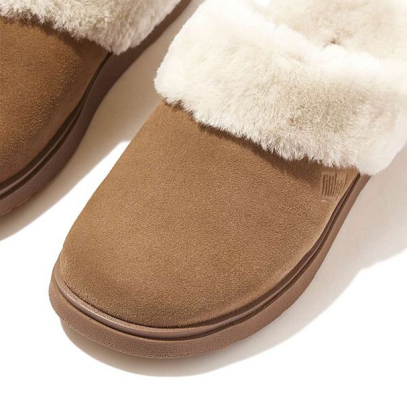 Brown Women's FitFlop Gen-Ff Shearling Collar Suede Slippers | 061ZTICJV