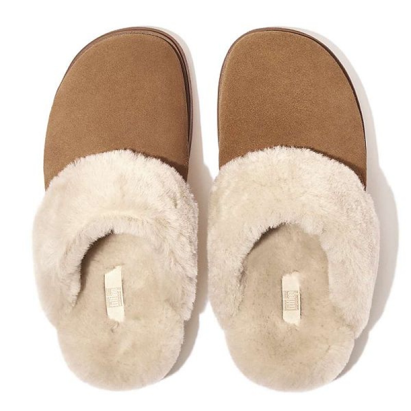 Brown Women's FitFlop Gen-Ff Shearling Collar Suede Slippers | 061ZTICJV