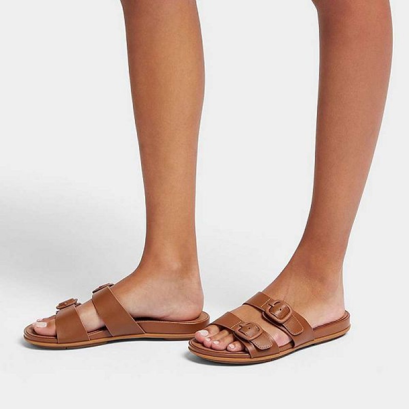 Brown Women's FitFlop Gracie Buckle Two Bar Leather Slides | 451YUZVLJ