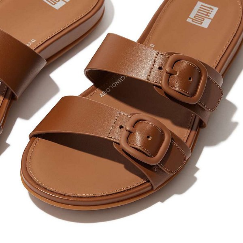 Brown Women's FitFlop Gracie Buckle Two Bar Leather Slides | 451YUZVLJ