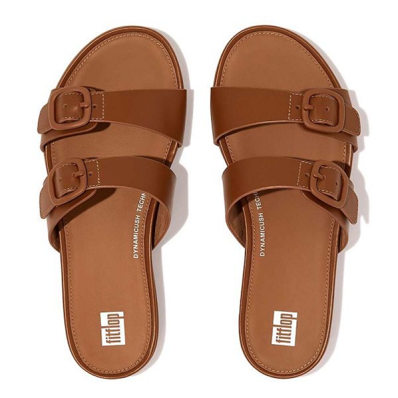 Brown Women's FitFlop Gracie Buckle Two Bar Leather Slides | 451YUZVLJ