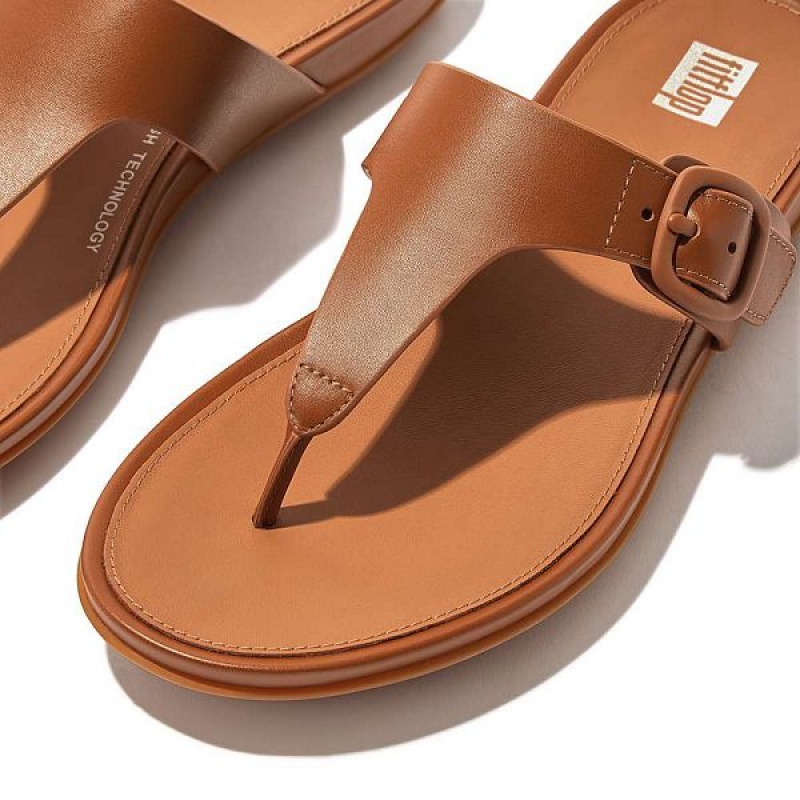 Brown Women's FitFlop Gracie Matt Buckle Leather Toe-Post Sandals | 461QDNAFZ