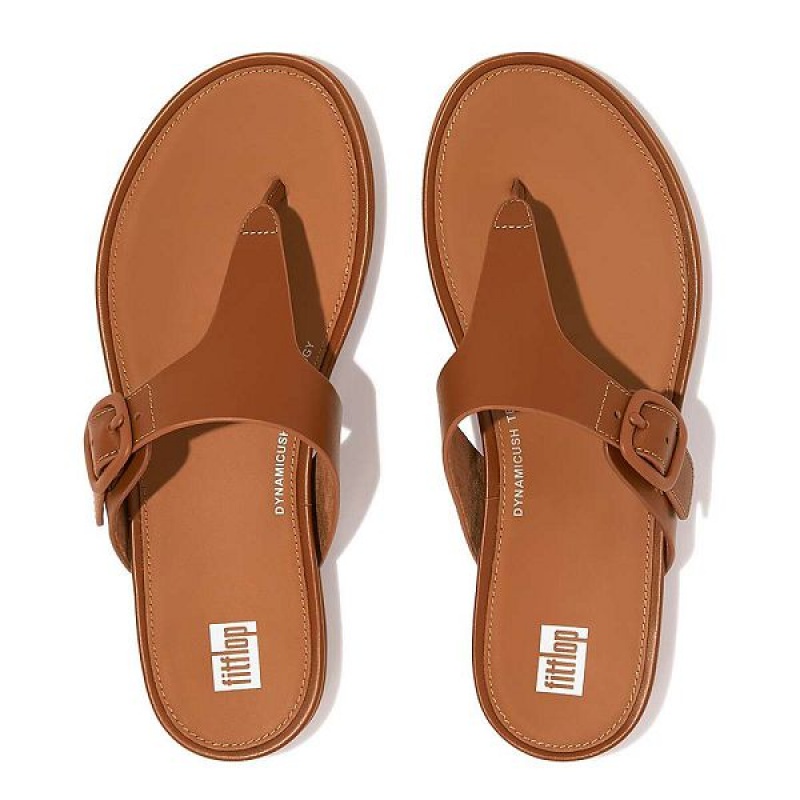 Brown Women's FitFlop Gracie Matt Buckle Leather Toe-Post Sandals | 461QDNAFZ