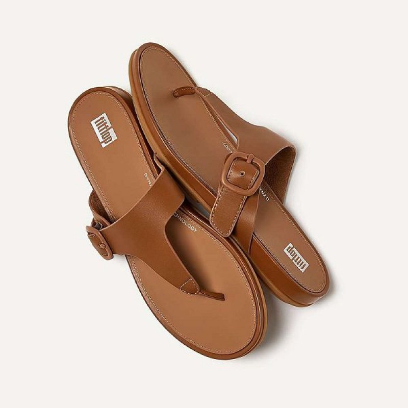 Brown Women's FitFlop Gracie Matt Buckle Leather Toe-Post Sandals | 461QDNAFZ