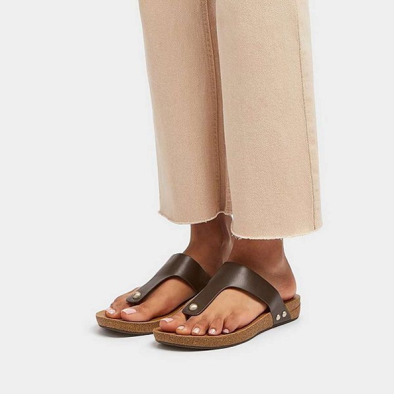 Brown Women's FitFlop Iqushion Leather Toe-Post Sandals | 179KECYRV