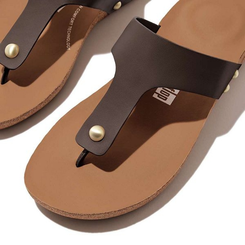 Brown Women's FitFlop Iqushion Leather Toe-Post Sandals | 179KECYRV