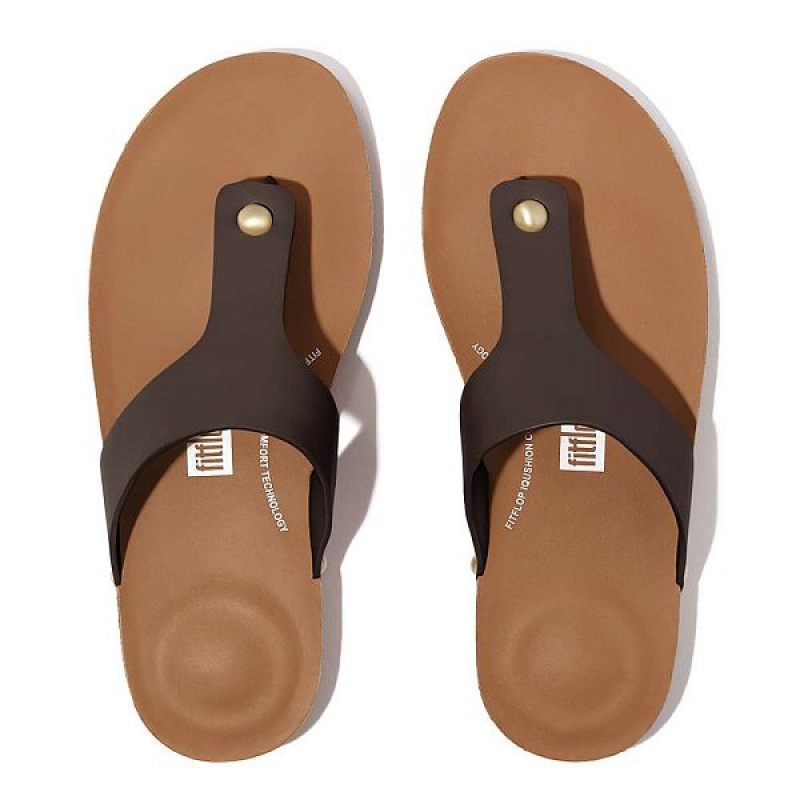 Brown Women's FitFlop Iqushion Leather Toe-Post Sandals | 179KECYRV