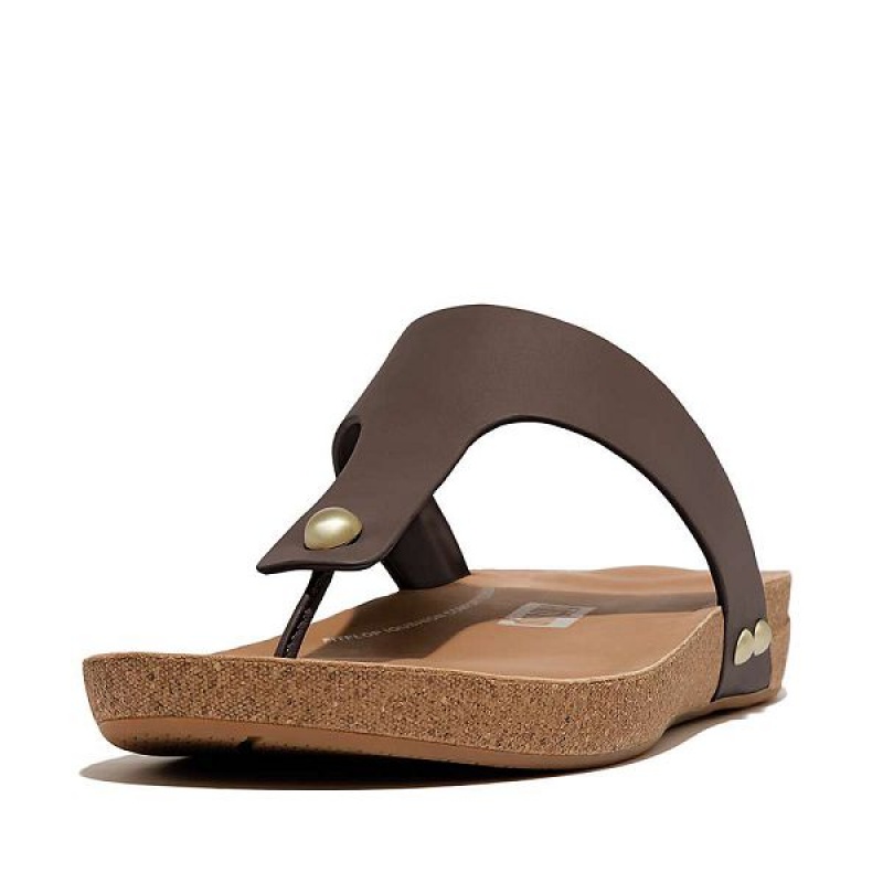 Brown Women's FitFlop Iqushion Leather Toe-Post Sandals | 179KECYRV