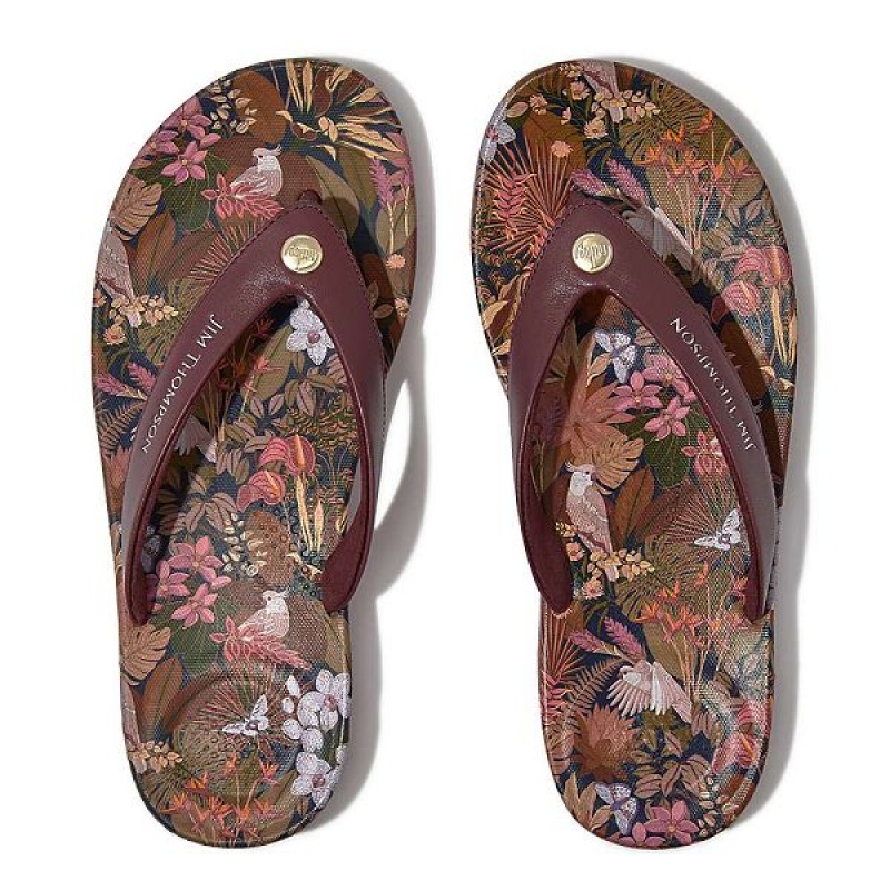 Brown Women's FitFlop Iqushion X Jim Thompson Limited Edition Leather Flip Flops | 152DYLREW