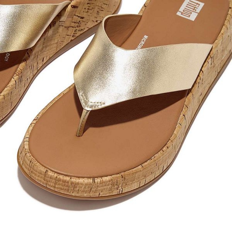 Brown / Gold Women's FitFlop F-Mode Metallic Leather Cork Flatform Toe-Post Sandals | 780SHZWVU