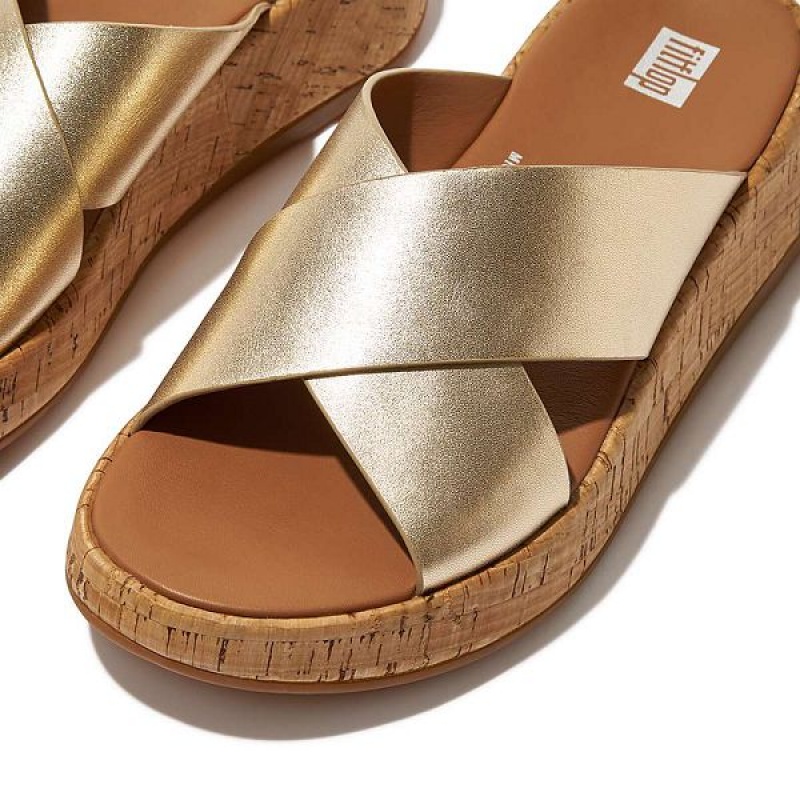 Brown / Gold Women's FitFlop F-Mode Metallic Leather Cork Flatform Cross Slides | 347XENBQT