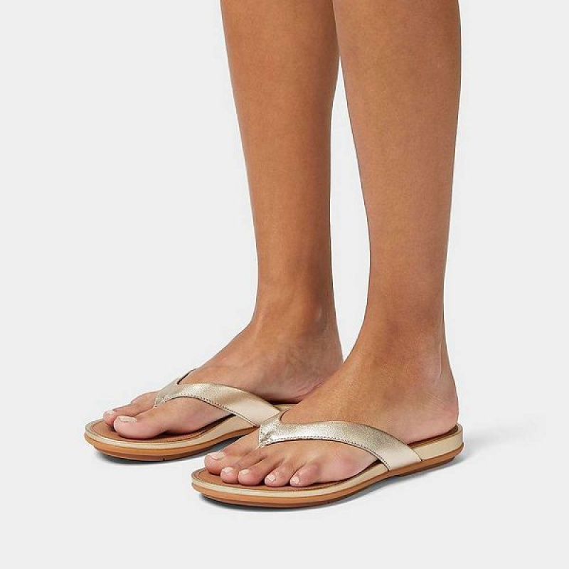 Brown / Gold Women's FitFlop Gracie Metallic Leather Flip Flops | 189RPYJTW