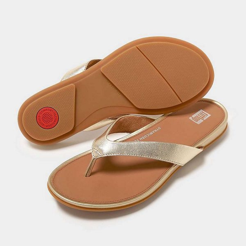 Brown / Gold Women's FitFlop Gracie Metallic Leather Flip Flops | 189RPYJTW