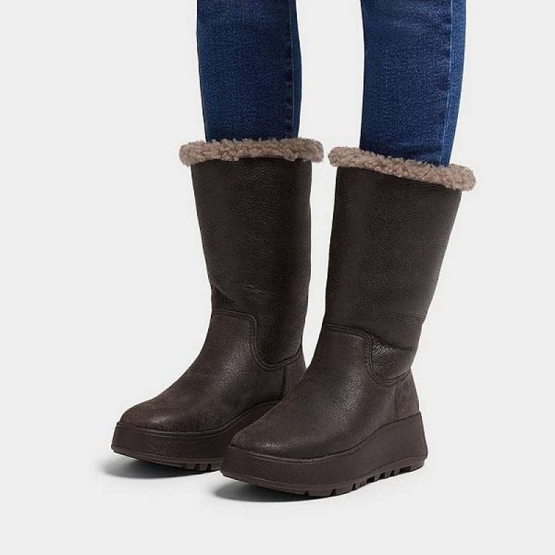 Chocolate Women's FitFlop F-Mode Double Faced Shearling Leather Flatform Calf Boots | 921ETIAKV