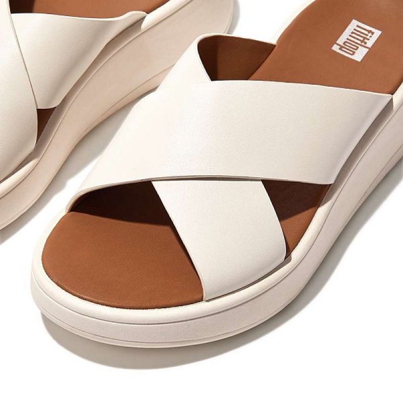 Cream Women's FitFlop F-Mode Leather Flatform Cross Slides | 271RHTOQV