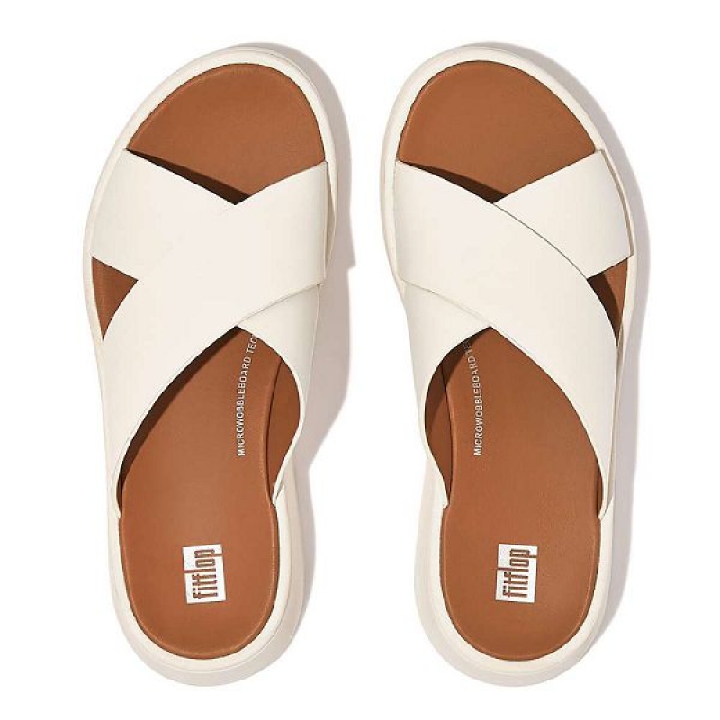 Cream Women's FitFlop F-Mode Leather Flatform Cross Slides | 271RHTOQV