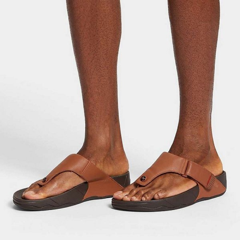 Dark Brown Men's FitFlop Trakk Ii Leather Flip Flops | 608LHMIZU