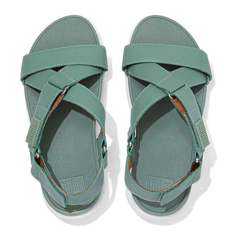 Green Women's FitFlop Loosh Leather Cross Strap Sandals | 367DTMIYX