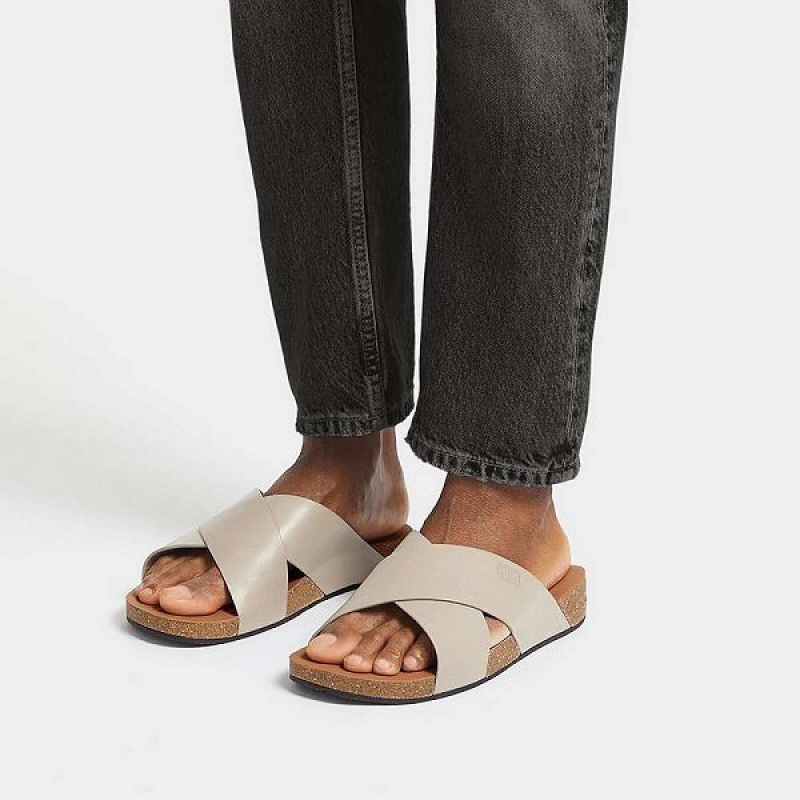 Grey Men's FitFlop Iqushion Leather Cross Slides | 319QKNOFA