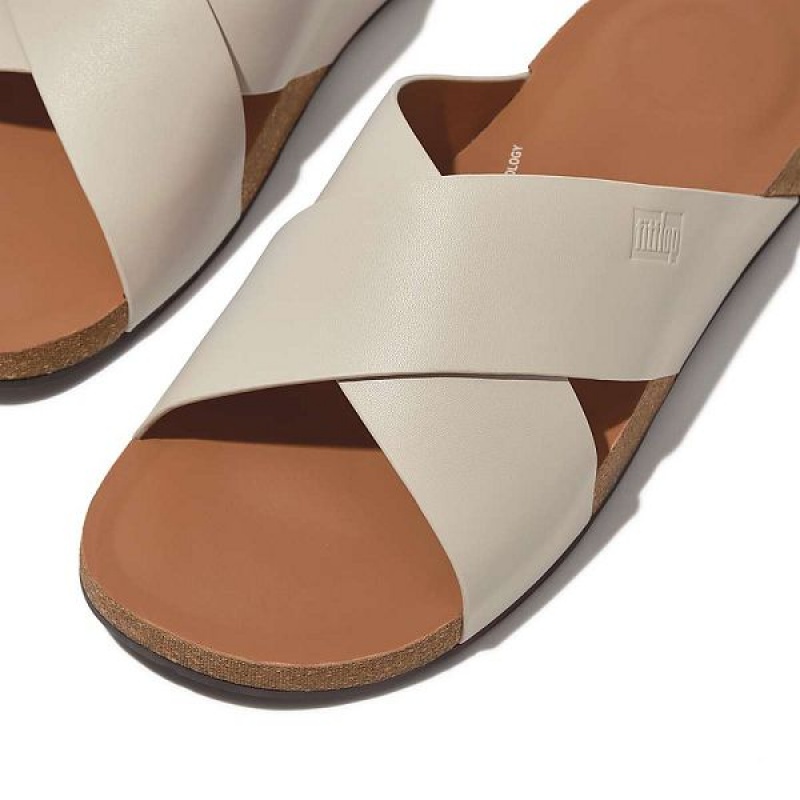 Grey Men's FitFlop Iqushion Leather Cross Slides | 319QKNOFA