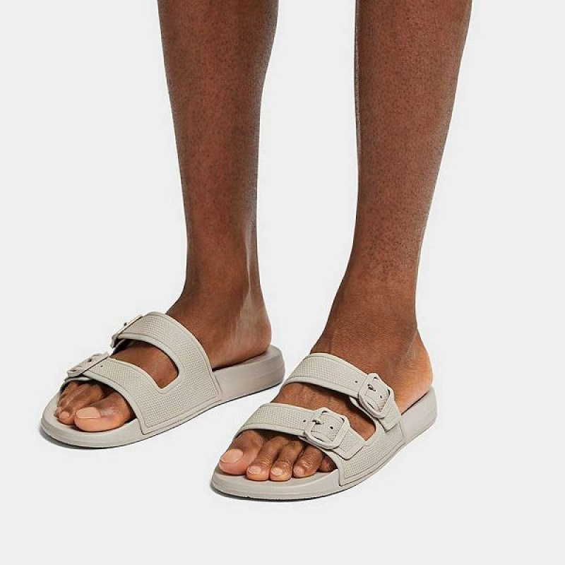 Grey Men's FitFlop Iqushion Two Bar Buckle Slides | 194ELNJVS