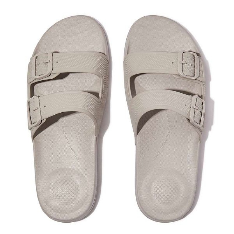 Grey Men's FitFlop Iqushion Two Bar Buckle Slides | 194ELNJVS