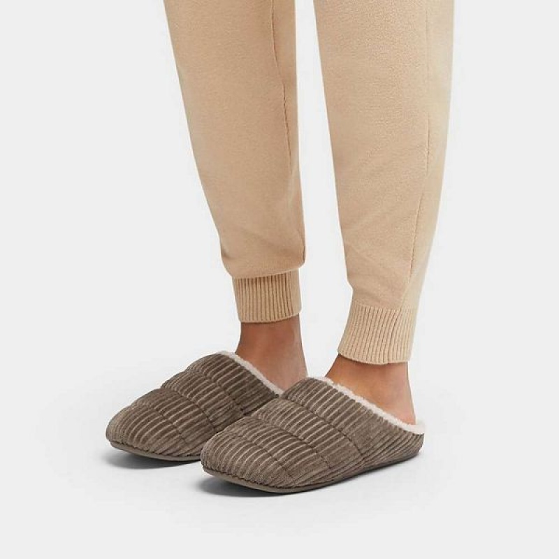 Grey Women's FitFlop Chrissie Biofleece Lined Corduroy Slippers | 462THJOBY