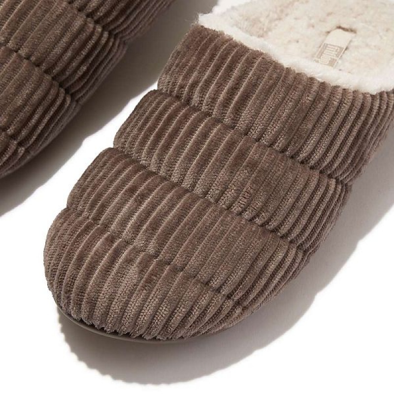 Grey Women's FitFlop Chrissie Biofleece Lined Corduroy Slippers | 462THJOBY