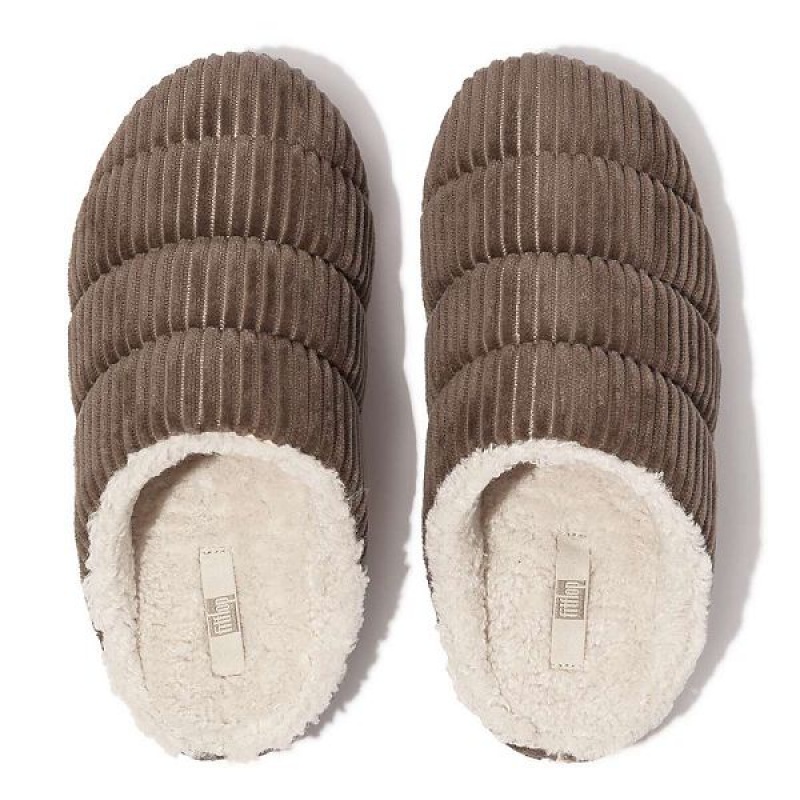 Grey Women's FitFlop Chrissie Biofleece Lined Corduroy Slippers | 462THJOBY