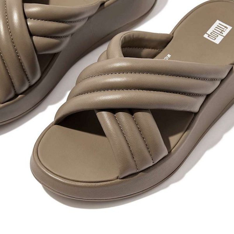 Grey Women's FitFlop F-Mode Padded Leather Flatform Cross Slides | 594XFPNJL