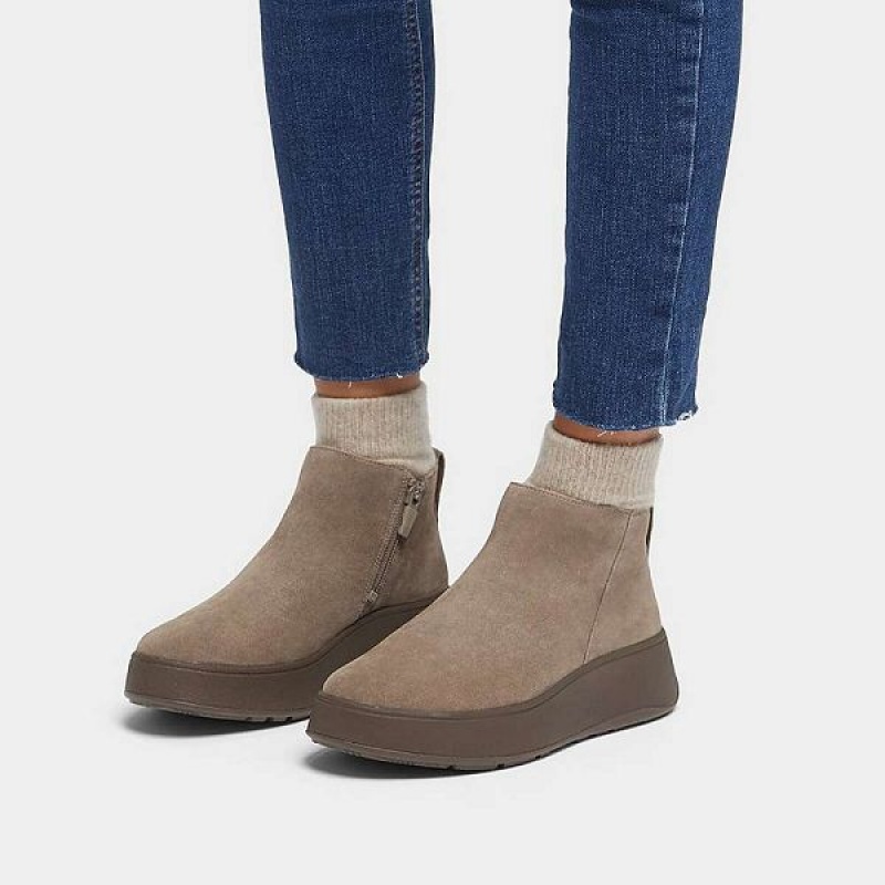 Grey Women's FitFlop F-Mode Suede Flatform Zip Ankle Boots | 850YLTIUF