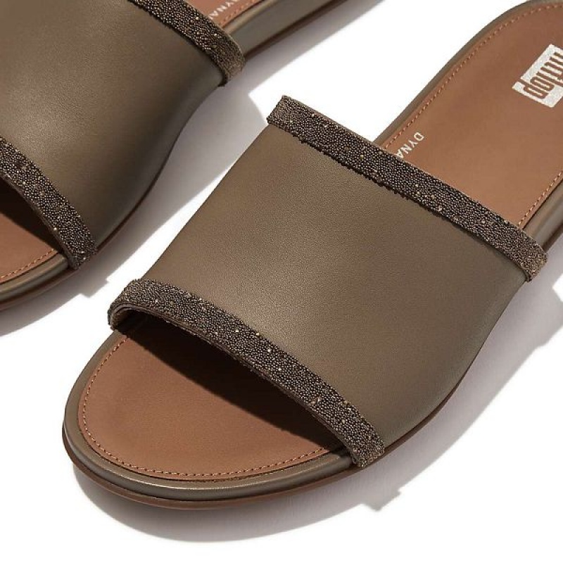 Grey Women's FitFlop Gracie Opul Trim Leather Slides | 789JMFUTW